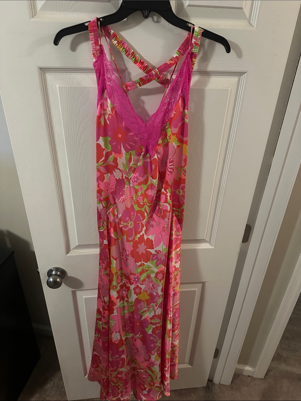 Free People Pink Floral Slip Dress with Lime & Coral Accents